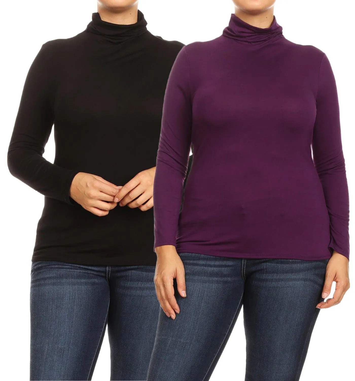 Women's Plus Size Fitted Long Sleeve Solid Turtleneck Sweater (Pack of 2)