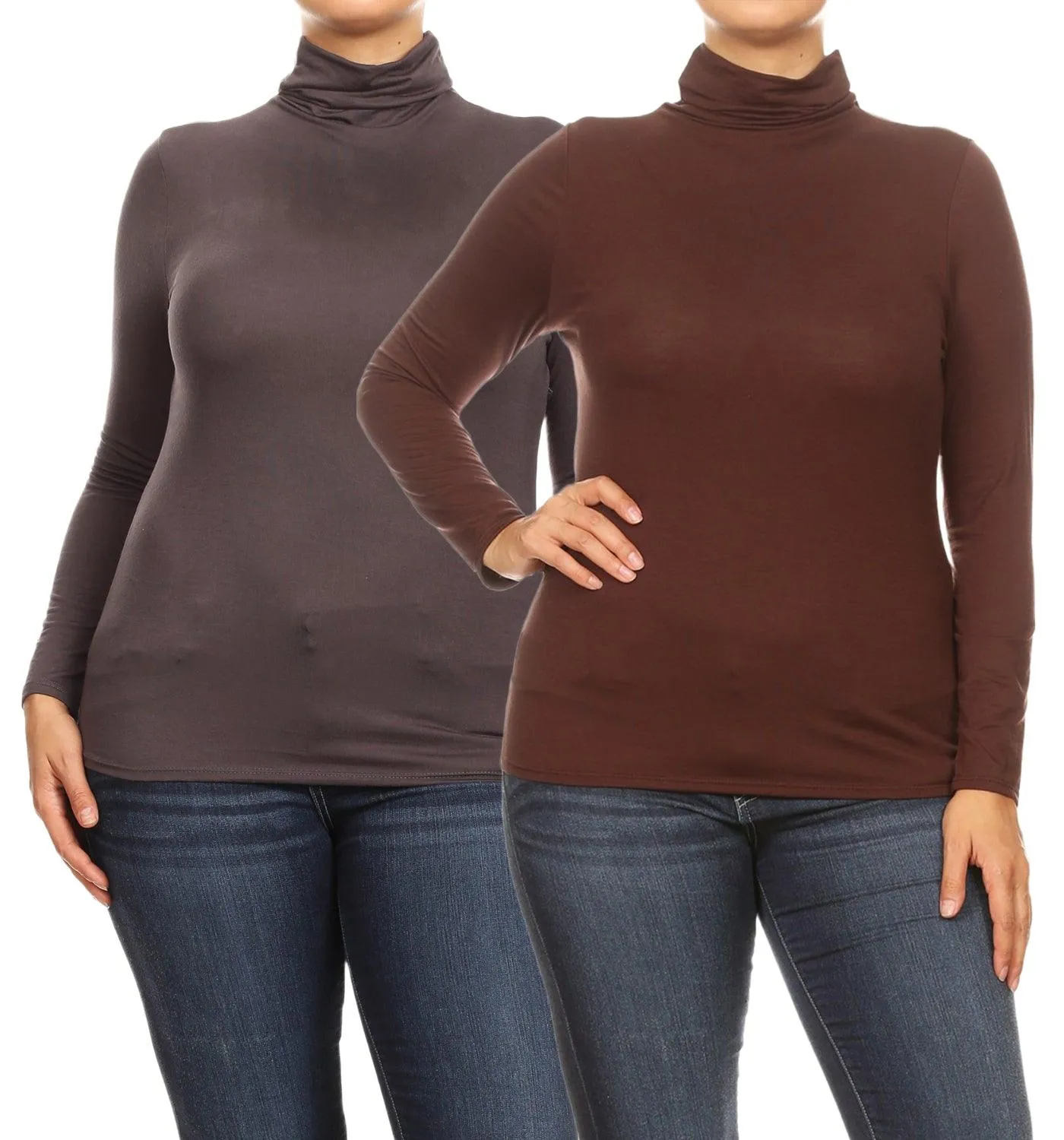 Women's Plus Size Fitted Long Sleeve Solid Turtleneck Sweater (Pack of 2)