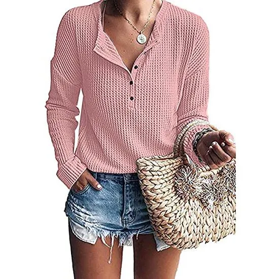 Women's Waffle Knit Tunic Tops Loose Long Sleeve