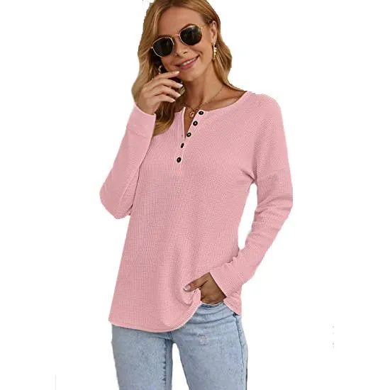 Women's Waffle Knit Tunic Tops Loose Long Sleeve