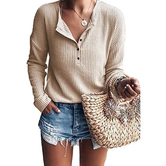 Women's Waffle Knit Tunic Tops Loose Long Sleeve