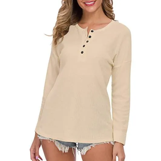 Women's Waffle Knit Tunic Tops Loose Long Sleeve