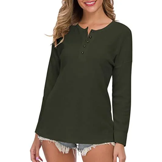 Women's Waffle Knit Tunic Tops Loose Long Sleeve