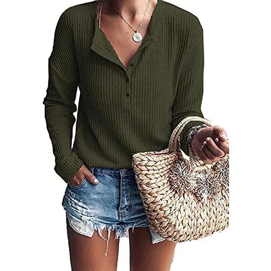 Women's Waffle Knit Tunic Tops Loose Long Sleeve