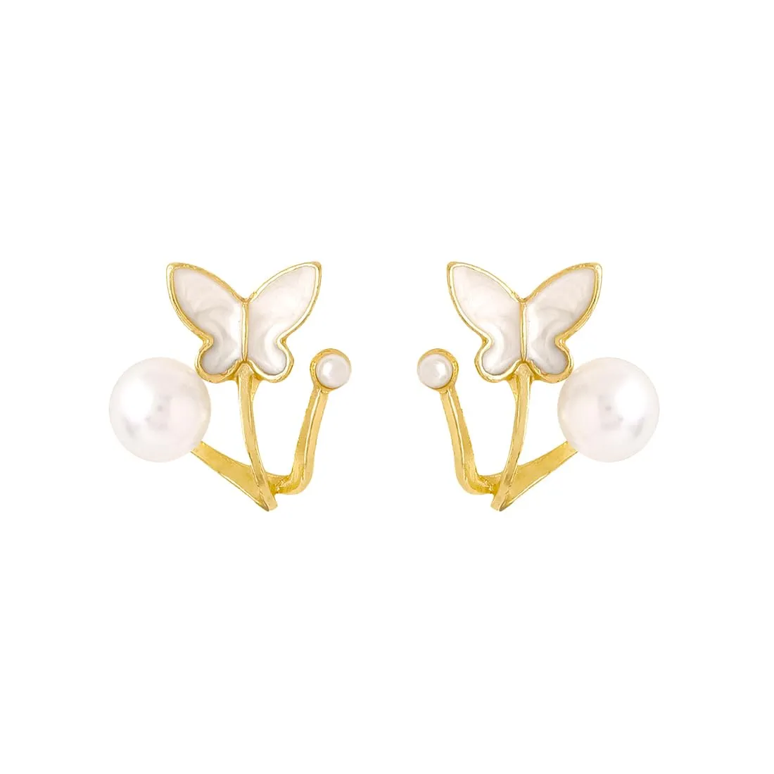 Yellow Chimes Earrings for Women and Girls Fashion Golden Stud Earrings | Gold Plated Butterfly Pearl Ear Hook Ear Cuff Jacket Stud Earrings | Birthday Gift for Girls and Women