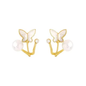 Yellow Chimes Earrings for Women and Girls Fashion Golden Stud Earrings | Gold Plated Butterfly Pearl Ear Hook Ear Cuff Jacket Stud Earrings | Birthday Gift for Girls and Women